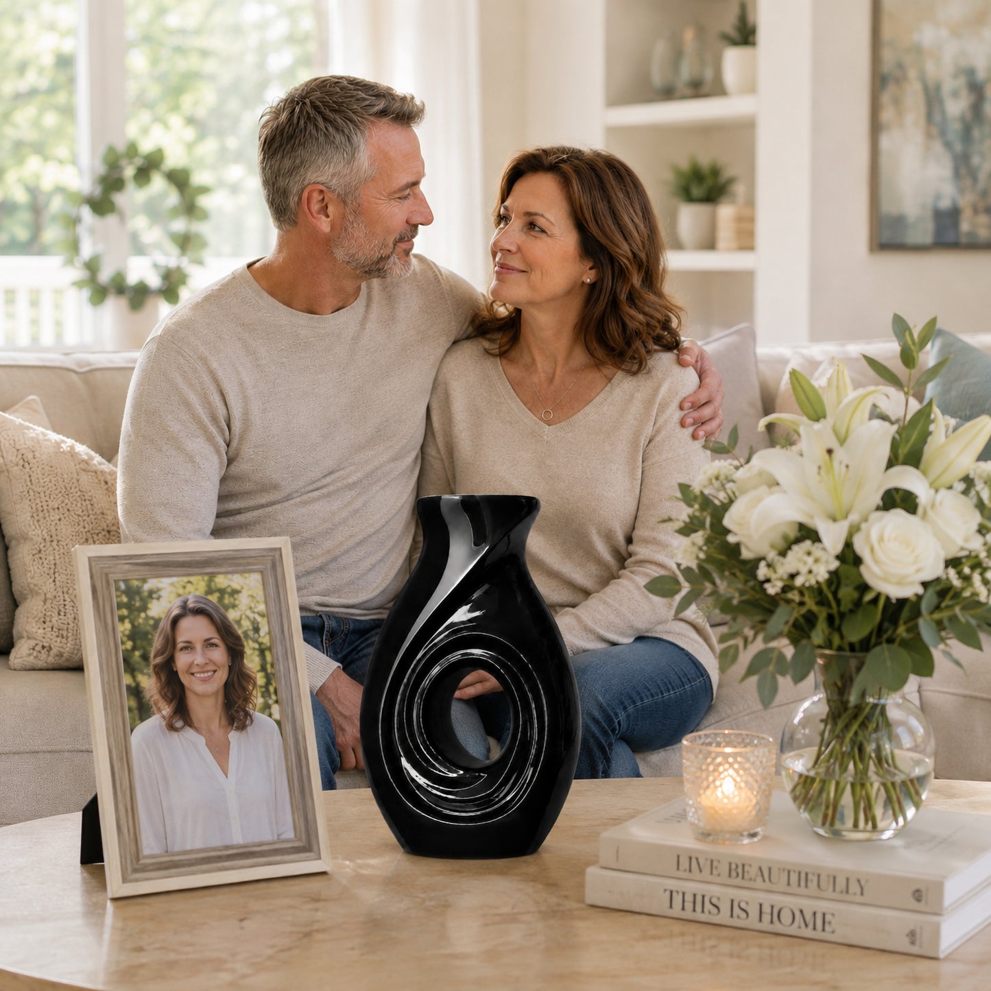 New Horizons Black cremation urn – A Light for Their Memory lifestyle display