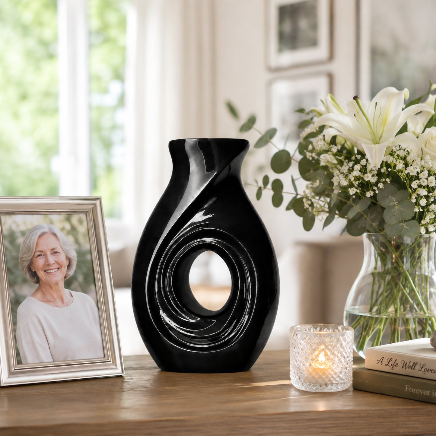 New Horizons Black cremation urn on dresser with angel figurine and flowers