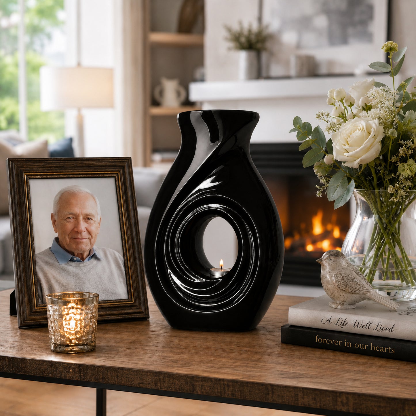 Couple sitting together with New Horizons Black cremation urn and white flowers on coffee table