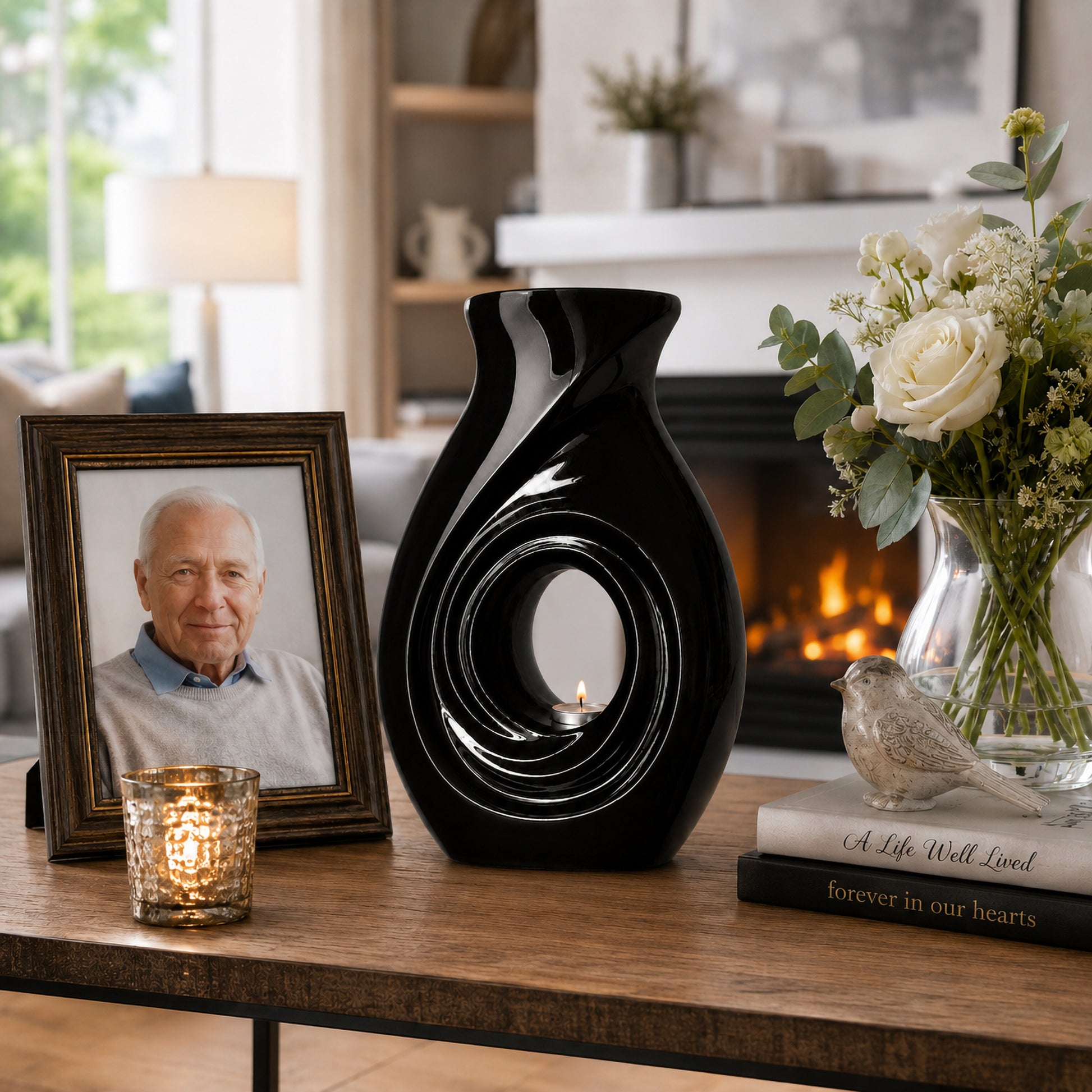 Couple sitting together with New Horizons Black cremation urn and white flowers on coffee table