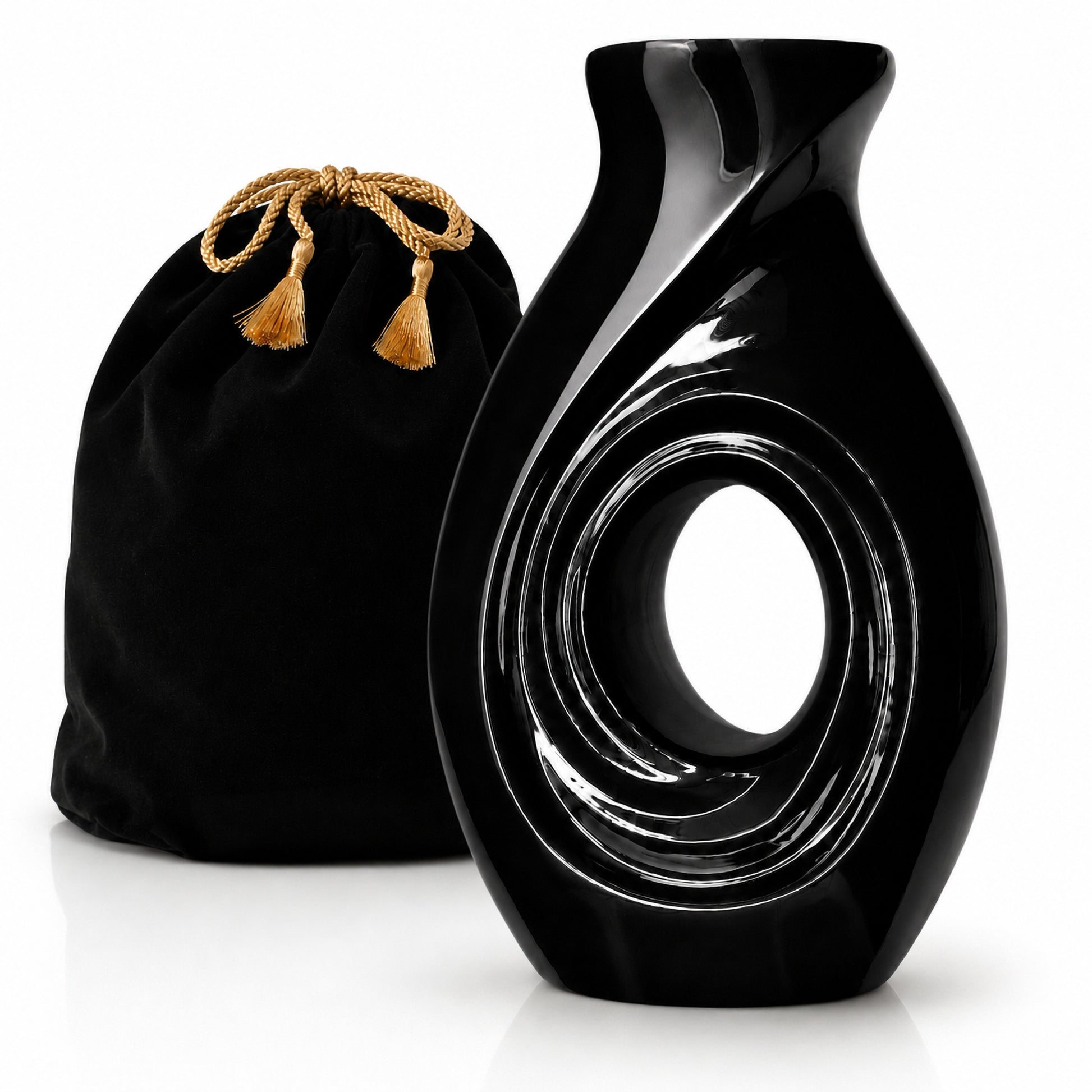 New Horizons Black adult cremation urn – front view on white background with velvet bag
