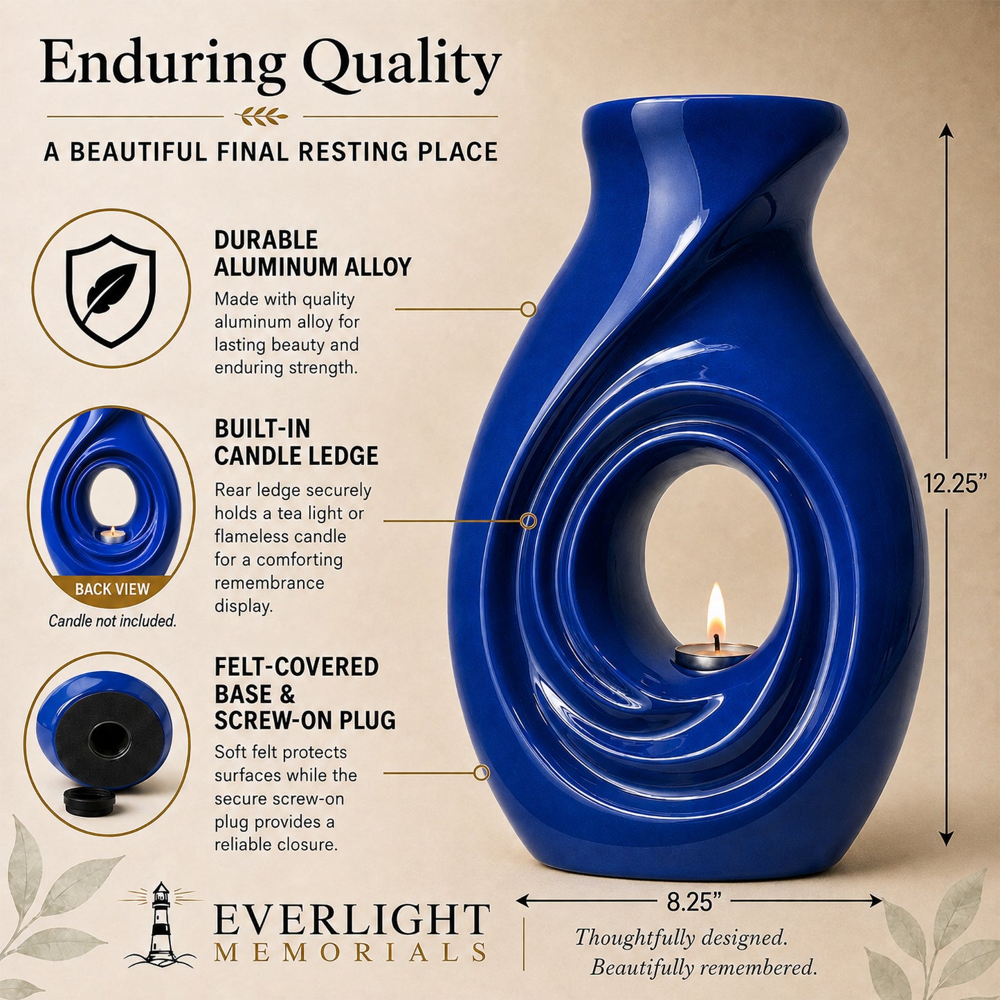 New Horizons Blue cremation urn displayed on dresser with candle and family photo