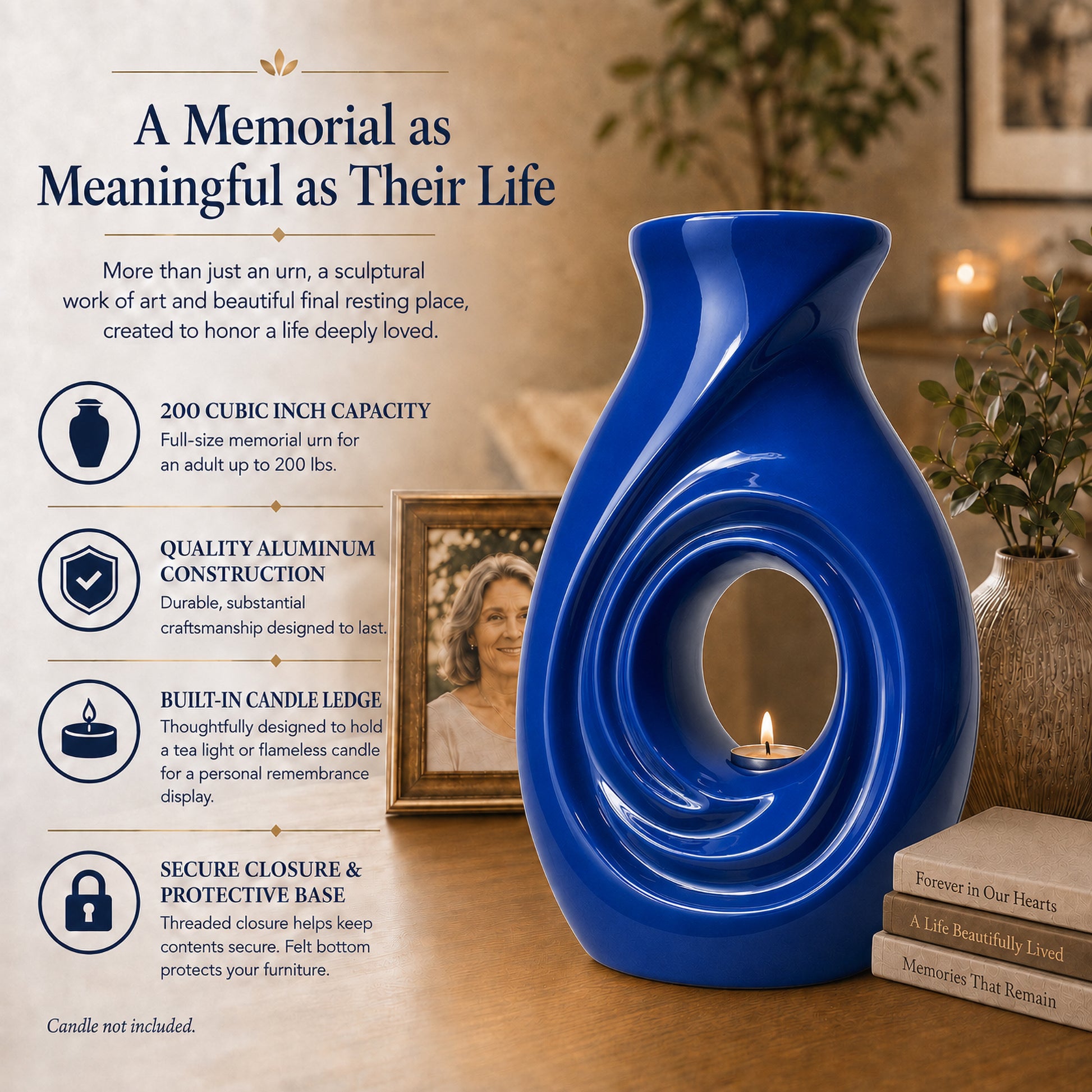 New Horizons Blue urn on wooden table with Dad memorial stone and photo