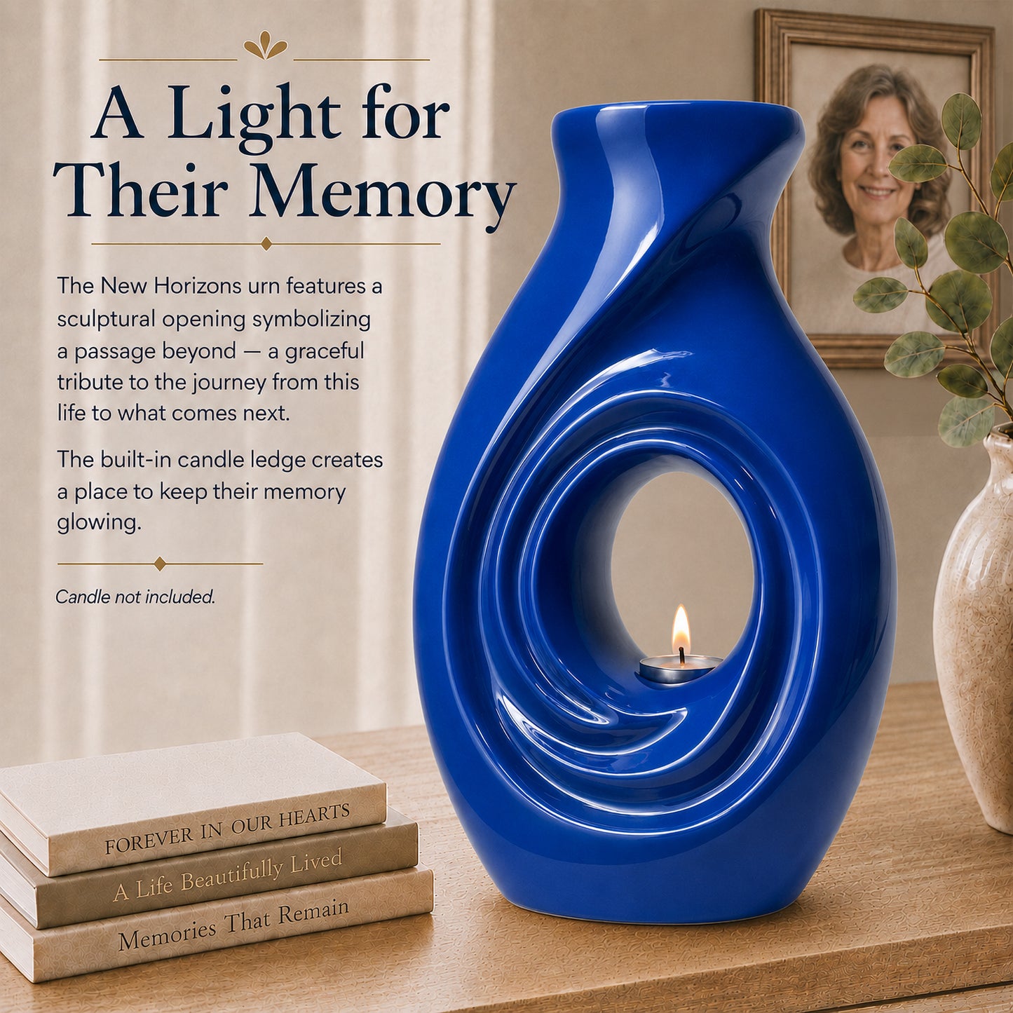 New Horizons Blue urn dimensions and features – 12.25 inch height, built-in candle ledge, felt base