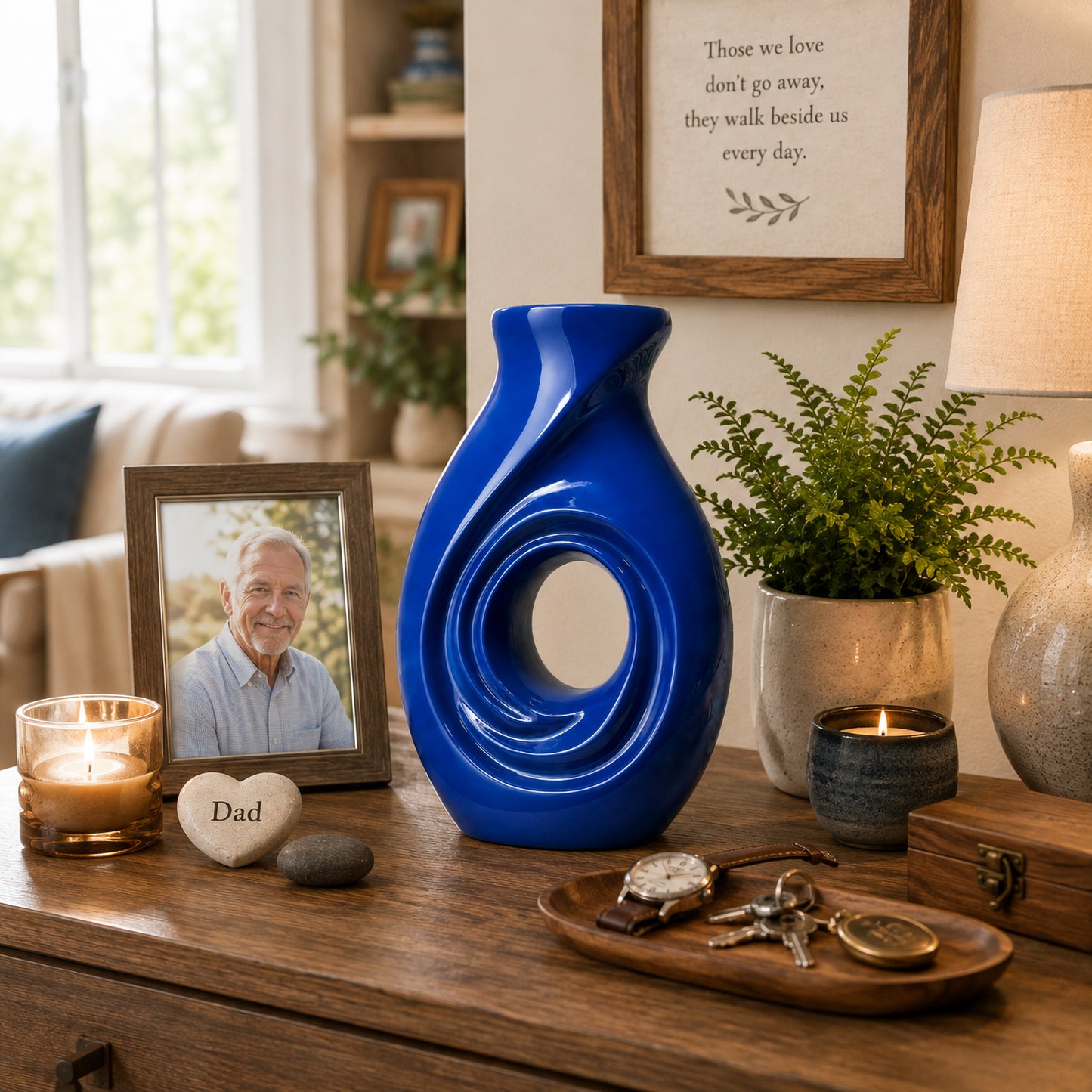 New Horizons Blue cremation urn on coffee table with Forever Loved stone and candles