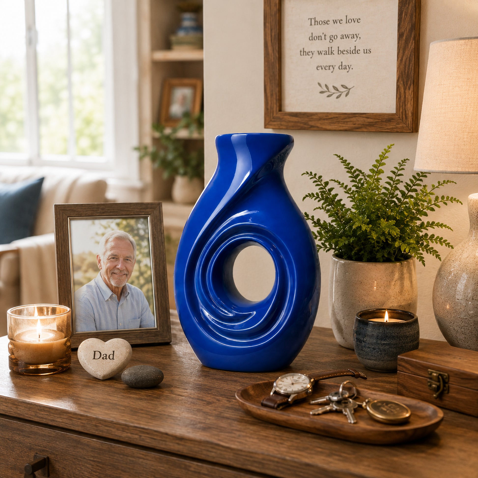New Horizons Blue cremation urn on coffee table with Forever Loved stone and candles