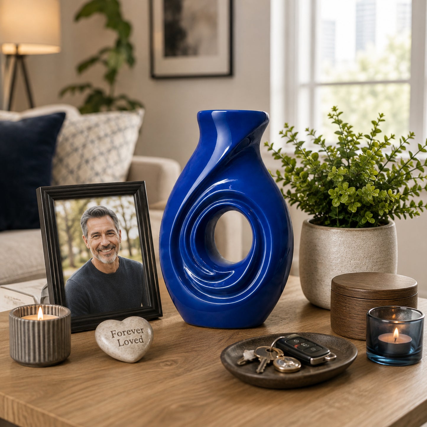 New Horizons Blue cremation urn lifestyle display with candles and greenery