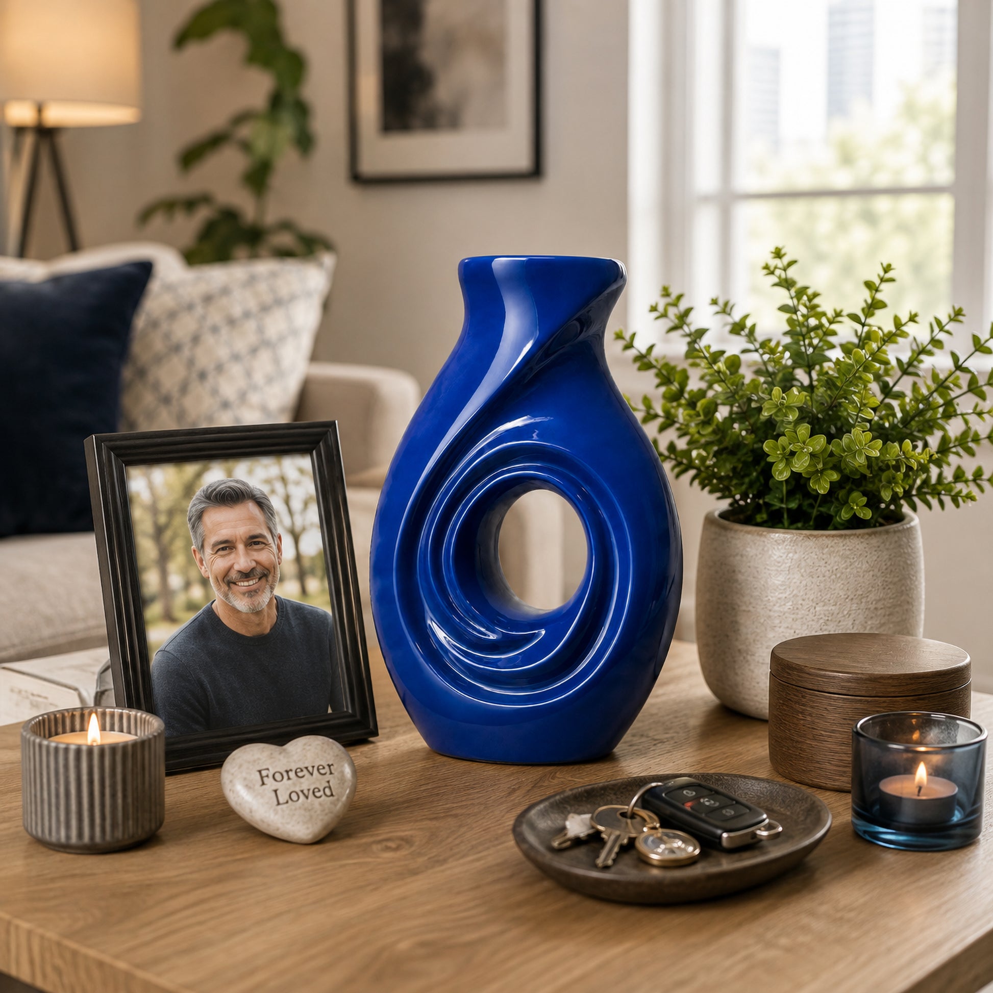 New Horizons Blue cremation urn lifestyle display with candles and greenery