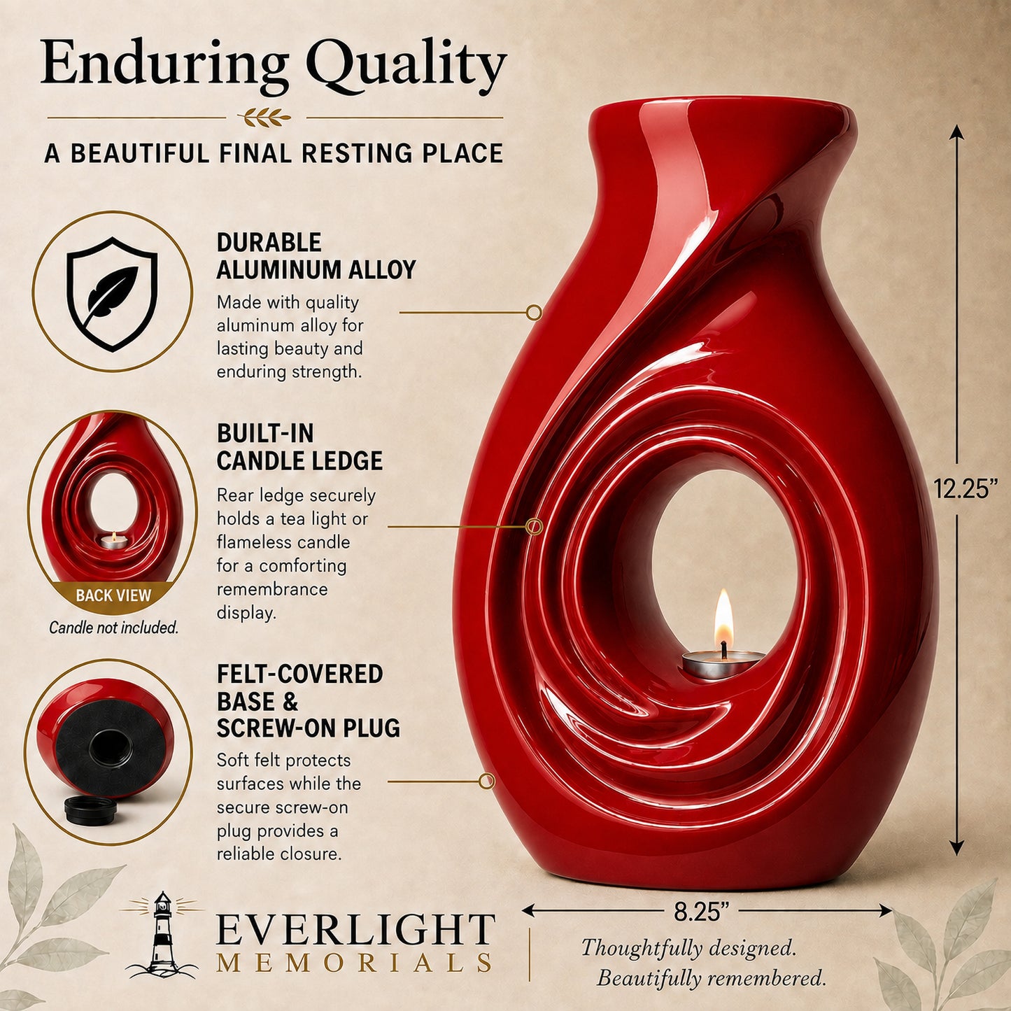 New Horizons Red cremation urn close-up showing sculptural open center and high-gloss finish