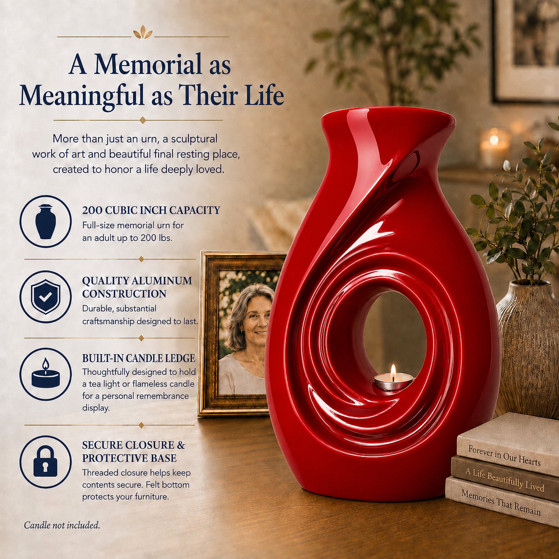 New Horizons Red cremation urn – Enduring Quality infographic showing dimensions 12.25 H x 8.25 W