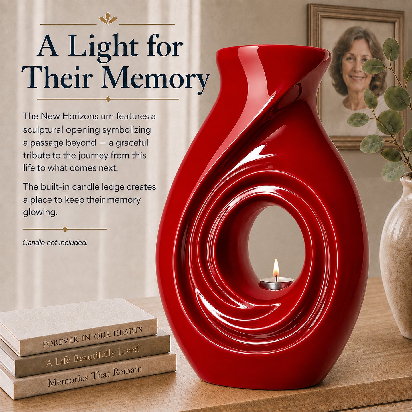 New Horizons Red urn lifestyle display with candle and greenery