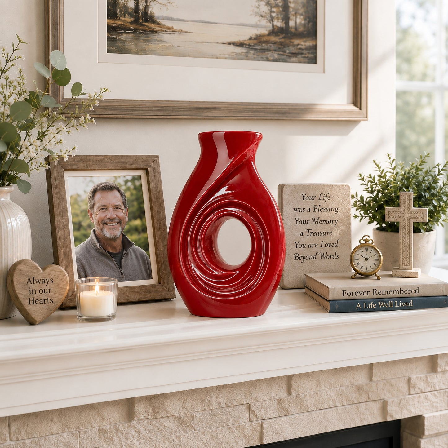 New Horizons Red cremation urn – A Memorial as Meaningful as Their Life infographic with features