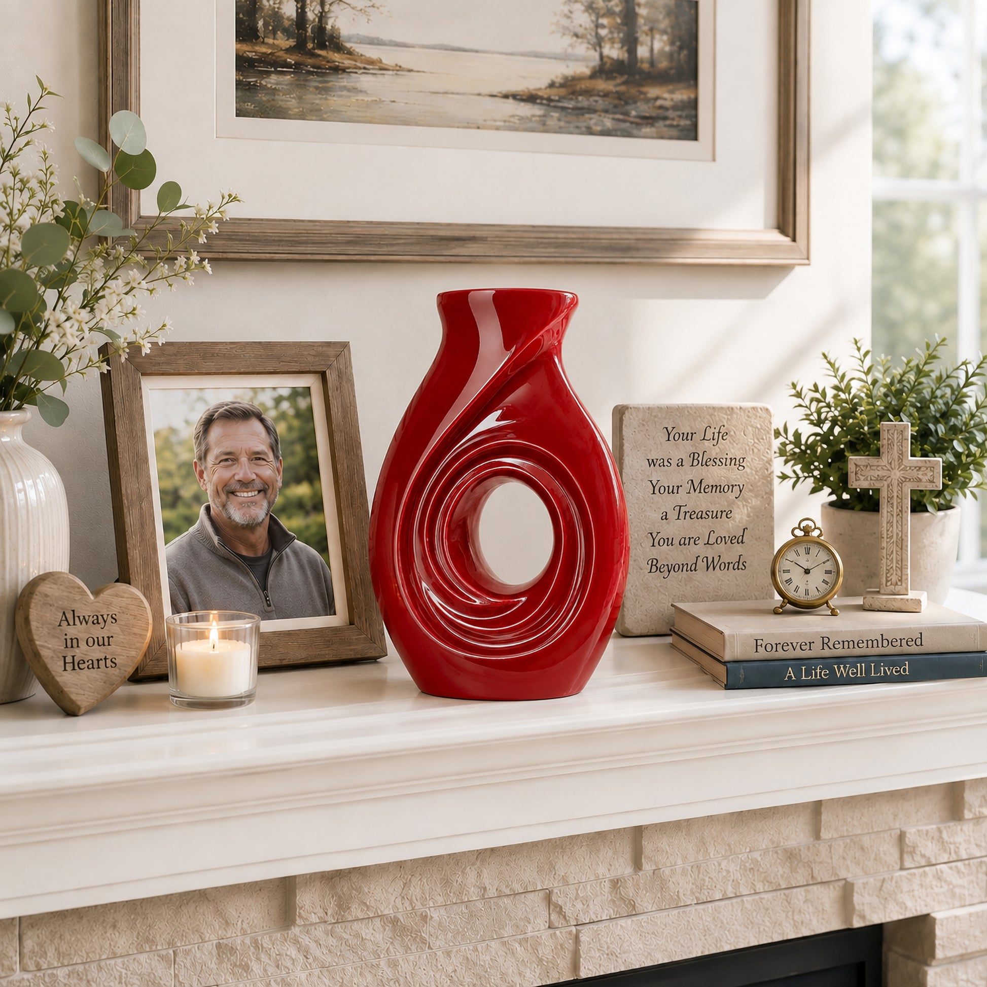 New Horizons Red cremation urn – A Memorial as Meaningful as Their Life infographic with features