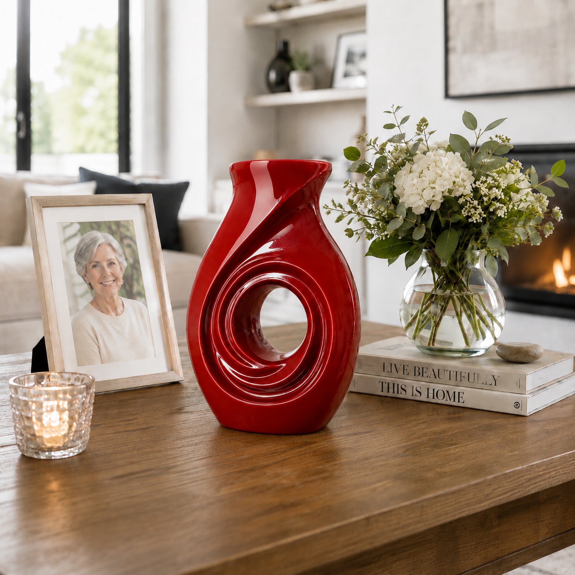 New Horizons Red urn – A Light for Their Memory lifestyle display with candle and framed photo