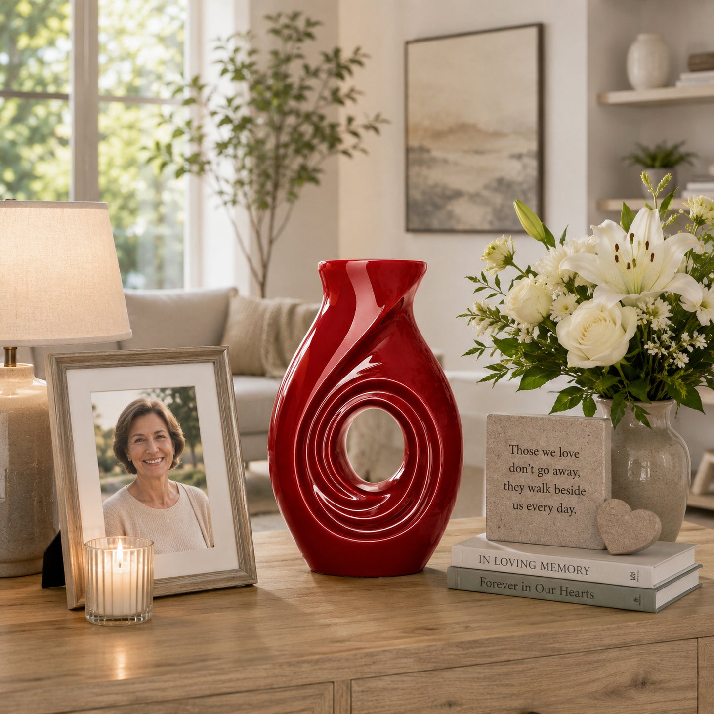 New Horizons Red cremation urn on mantle with framed photo, candle, and memorial keepsakes