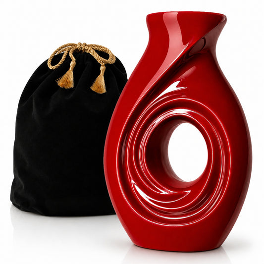 New Horizons Red adult cremation urn with black velvet bag – front view on white background