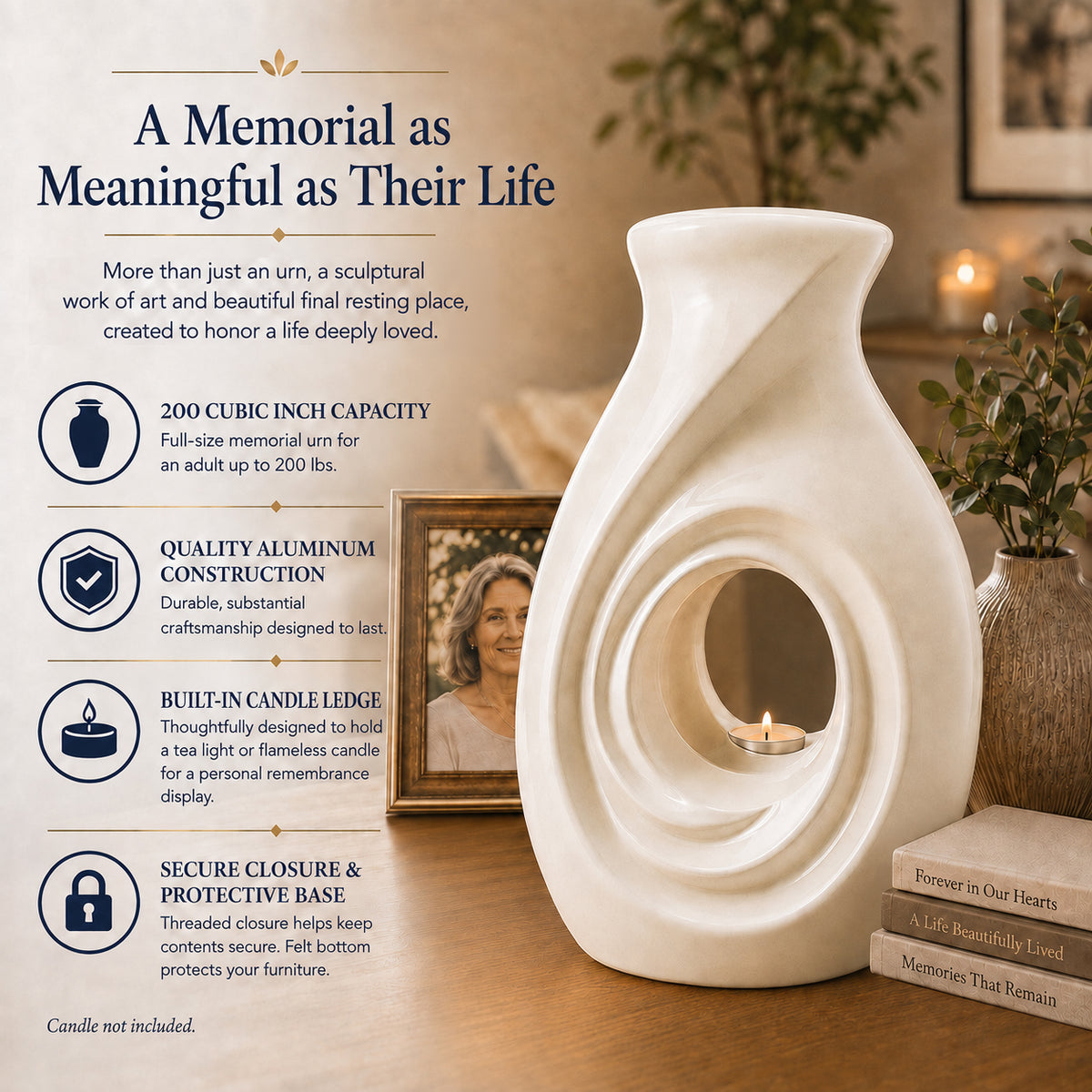 New Horizons White Cremation Urn - Enduring Quality Dimensions Infographic 12.25 x 8.25 inches