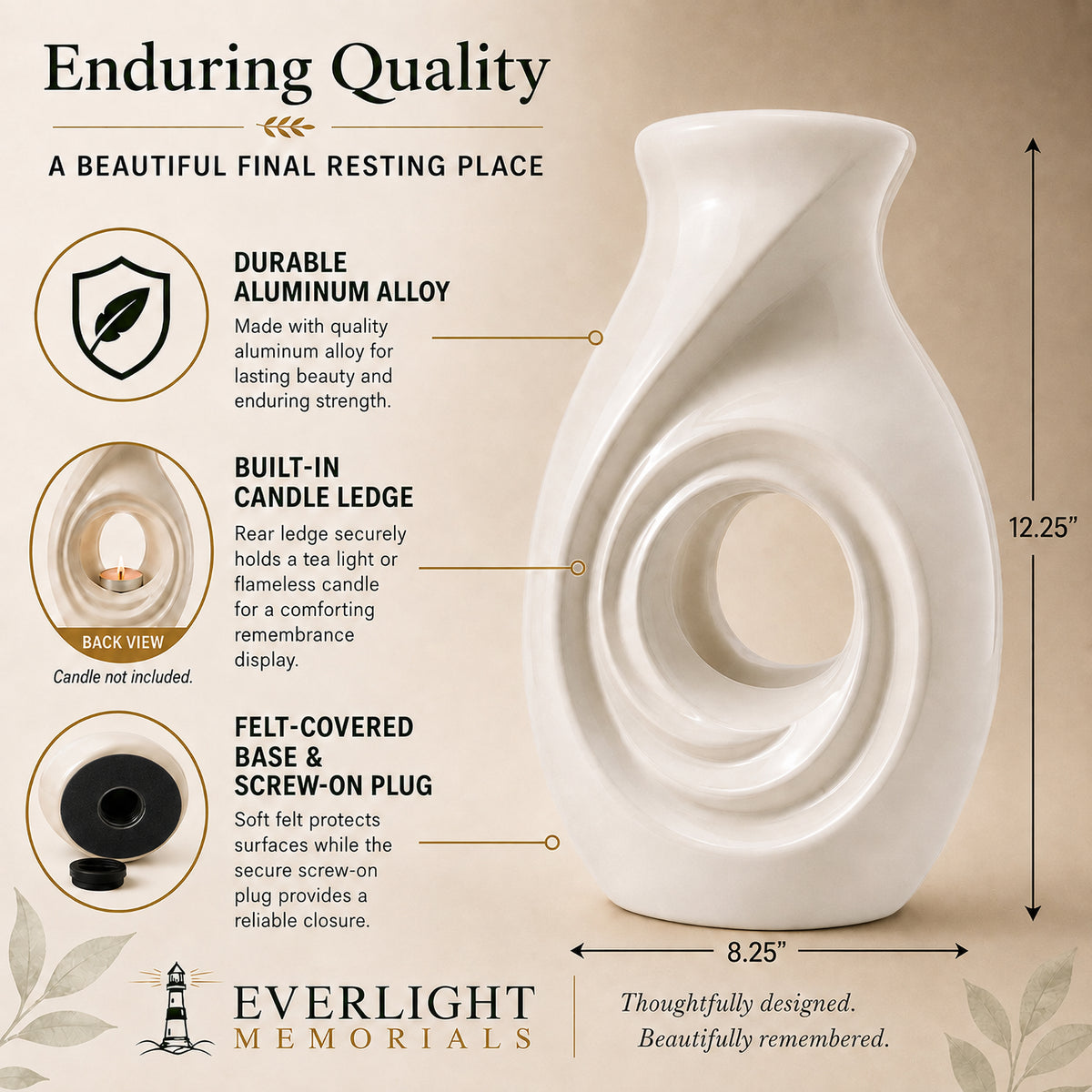 New Horizons White Cremation Urn - Everlight Memorials Veteran Owned Brand Badge