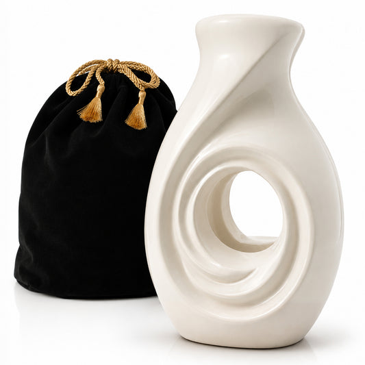 New Horizons White Adult Cremation Urn on Dresser with Memorial Photo Frame and Candle - Main Image