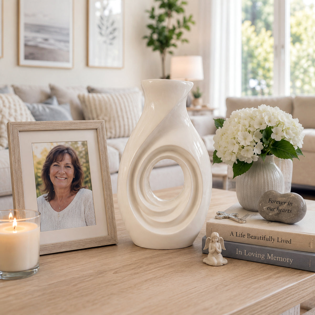 New Horizons White Adult Cremation Urn - Couple Holding Urn Together on Park Bench Lifestyle Photo