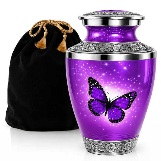 Purple butterfly cremation urn for human ashes with velvet bag – large adult memorial urn featuring purple butterfly and sparkle design
