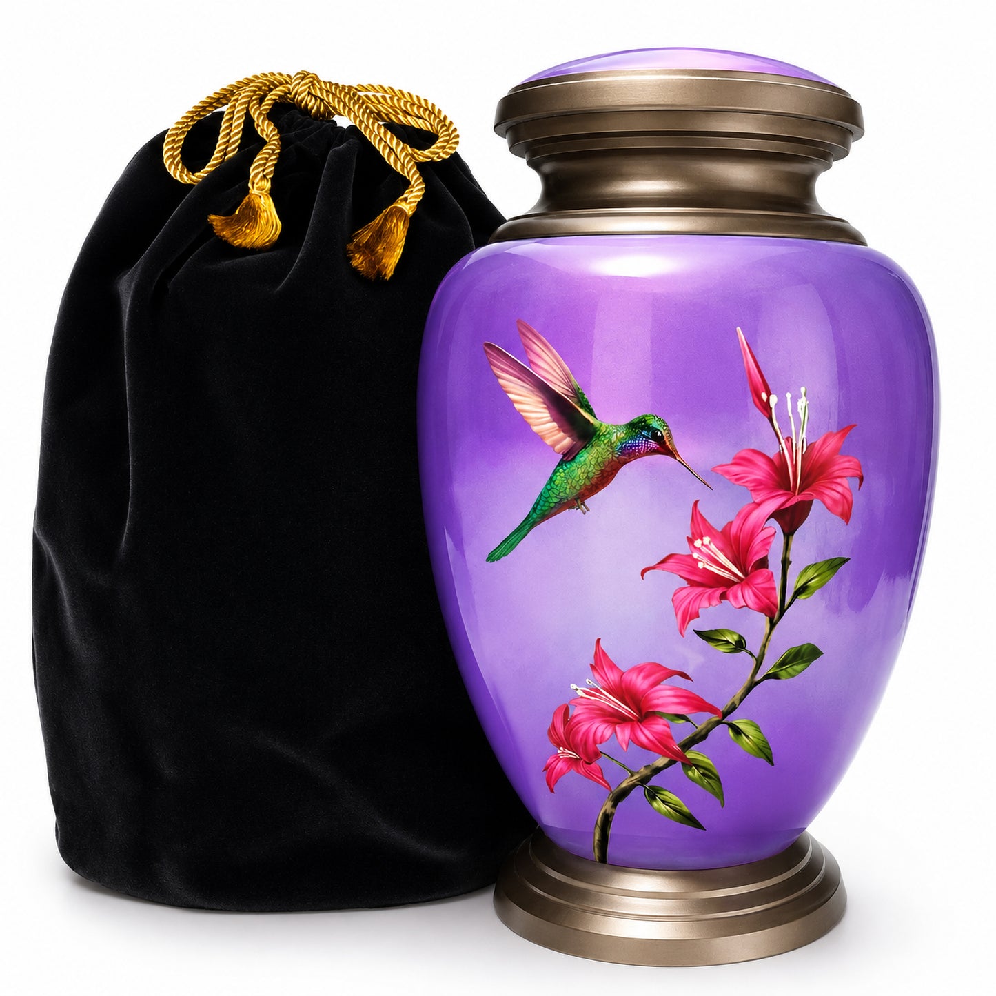 Purple Hummingbird Adult Cremation Urn — white background with black velvet bag