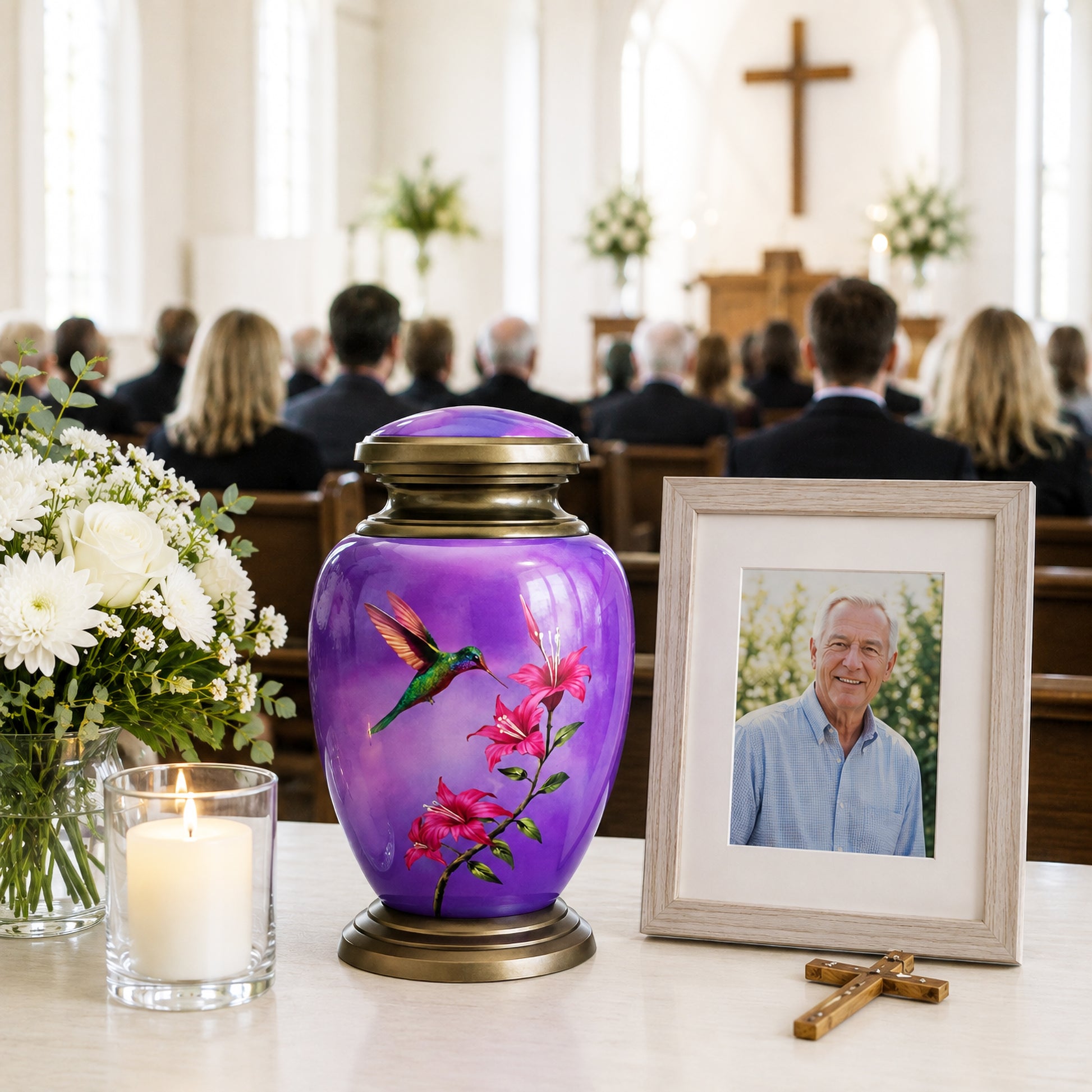 Purple Hummingbird Adult Cremation Urn — home display with framed photo of woman, candle and white roses