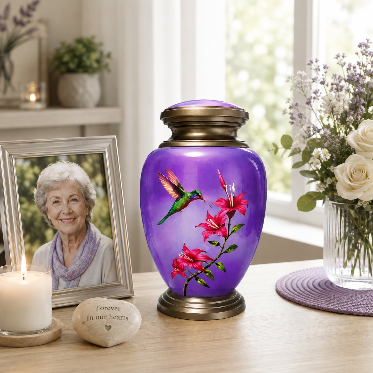Purple Hummingbird Adult Cremation Urn — home display with framed photo of man, candle and In Loving Memory stone