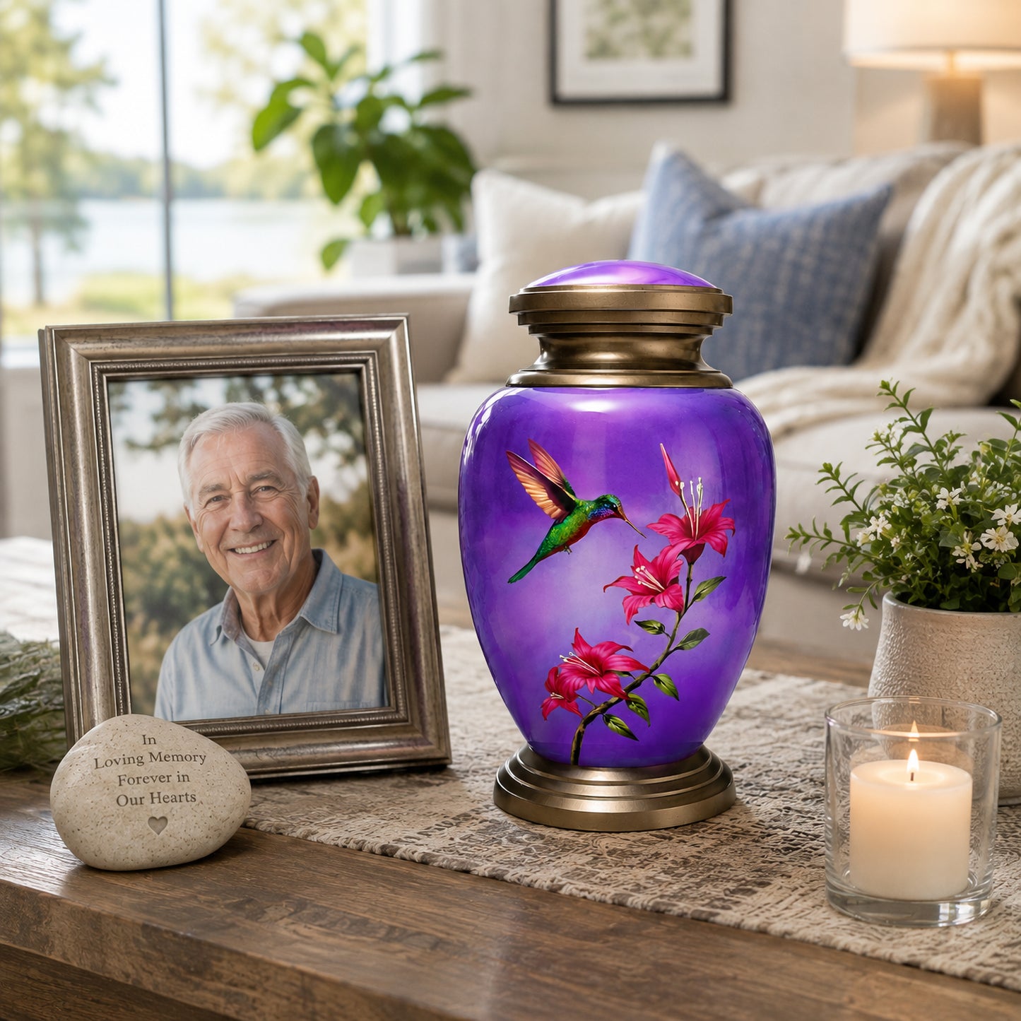 Purple Hummingbird Adult Cremation Urn — church memorial service display with framed photo, candle and flowers