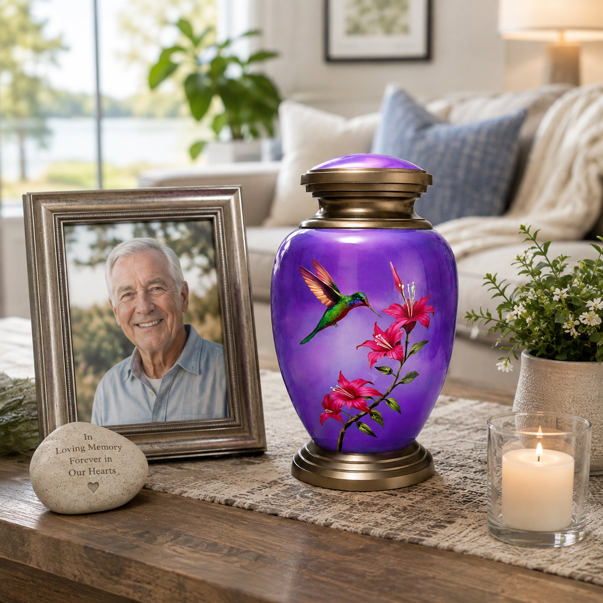 Purple Hummingbird Adult Cremation Urn — church memorial service display with framed photo, candle and flowers