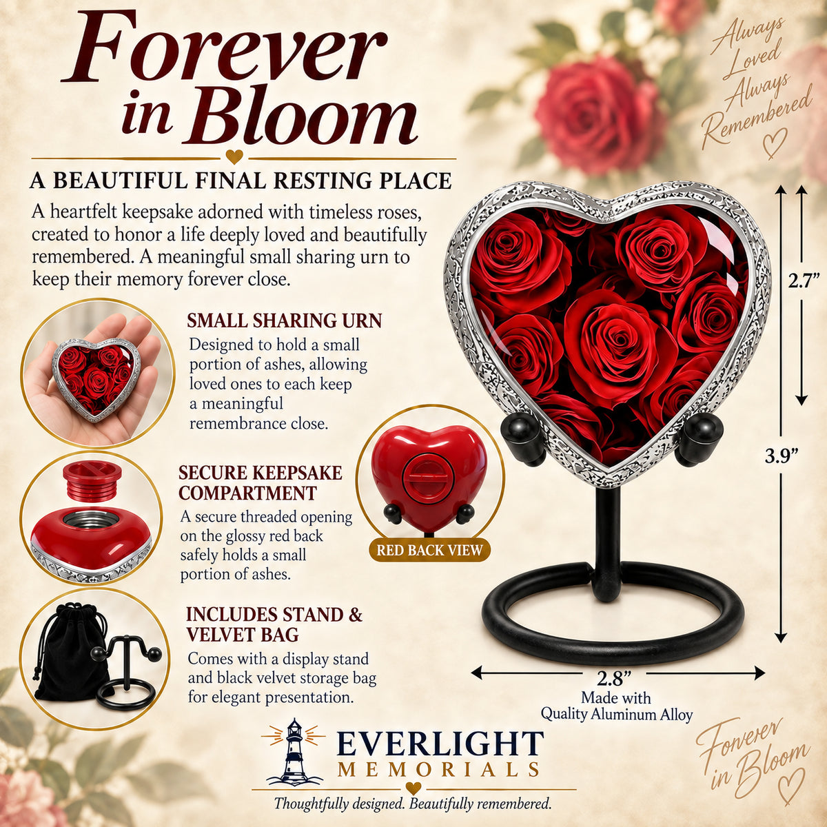 Forever in Bloom red rose heart keepsake urn infographic showing dimensions and features – Everlight Memorials