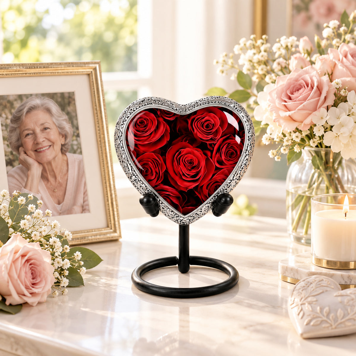 Red rose heart keepsake urn on marble display with framed photo of loved one and pink roses