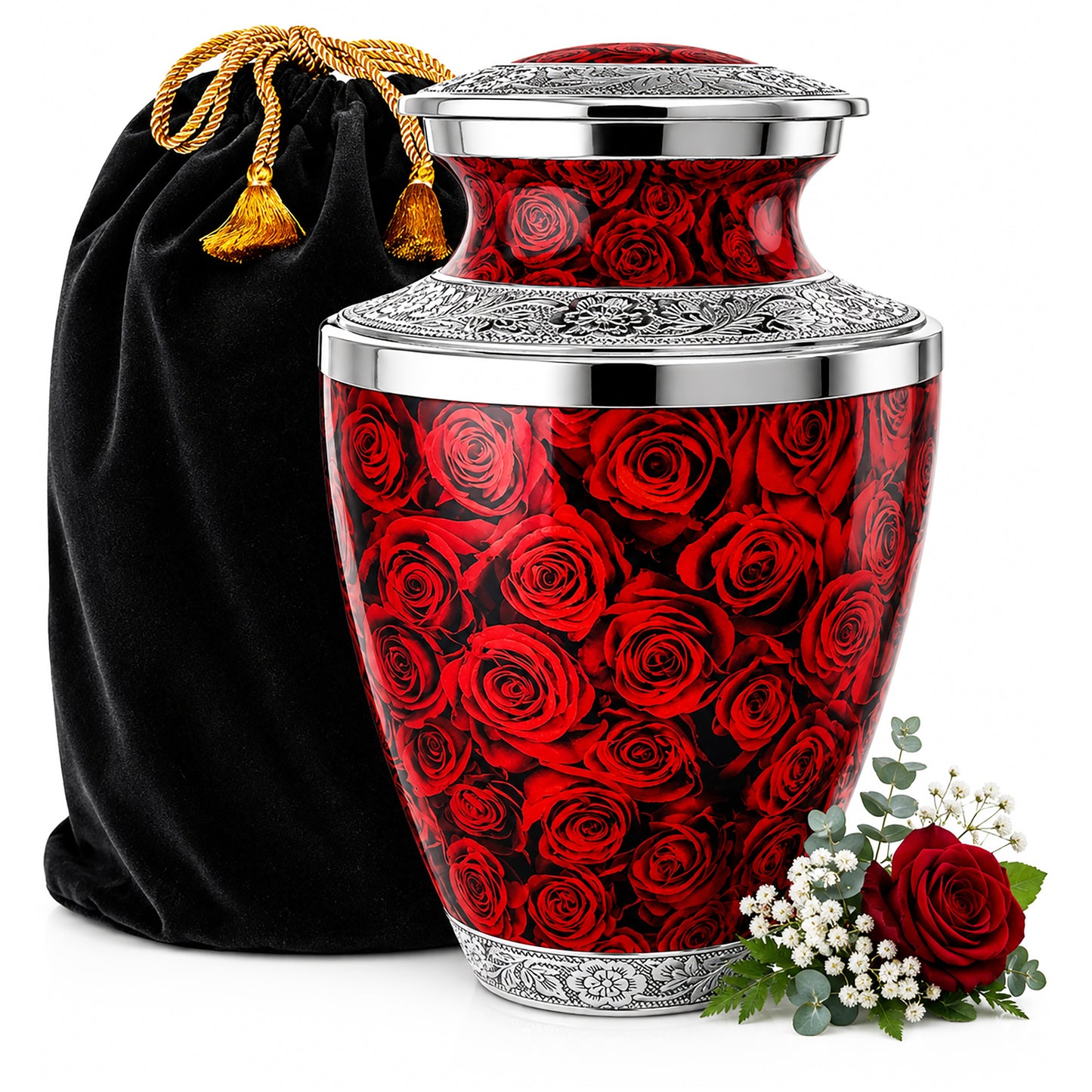 Red Roses Cremation Urn for Women with black velvet bag — adult memorial urn for ashes

