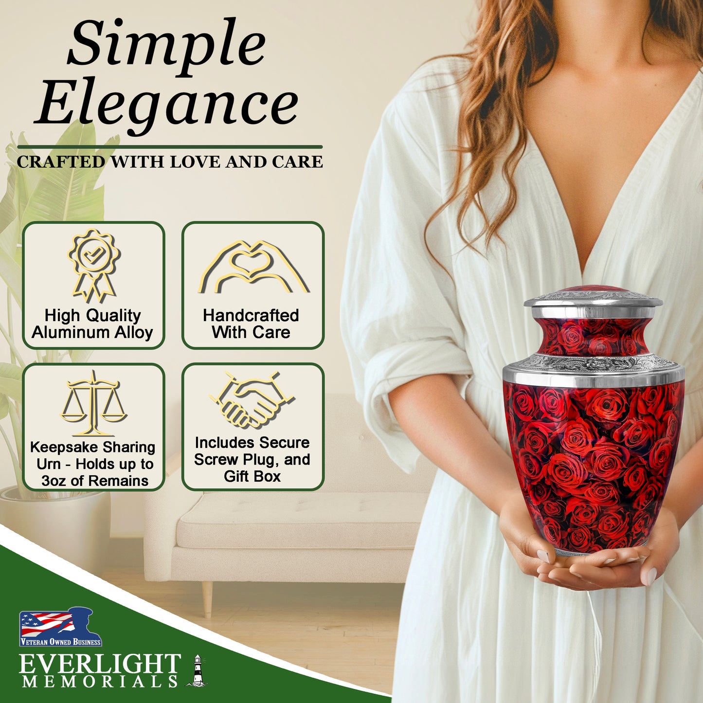 Red Roses Cremation Urn for Human Ashes – A Loving Tribute for an Adult Female – Memorial Urn for Mother, Daughter, Sister, or Wife – A Place for Her Memory to Bloom Every Day