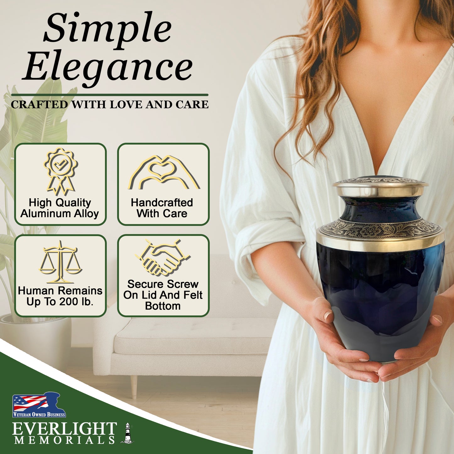 Grecian Classic Black Adult Cremation Urn for Human Ashes, Large with Velvet Bag