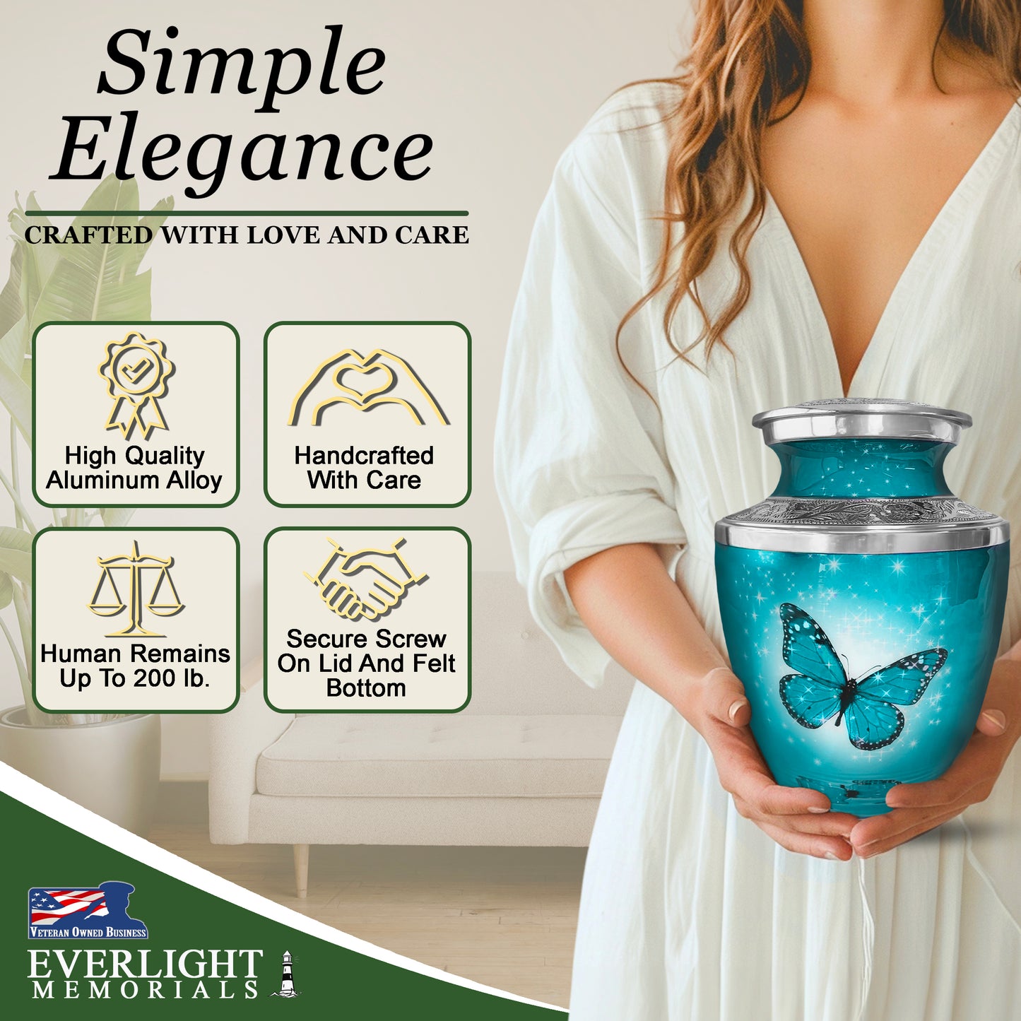 Light Blue Butterfly Cremation Urn for Ashes, Large with Velvet Bag