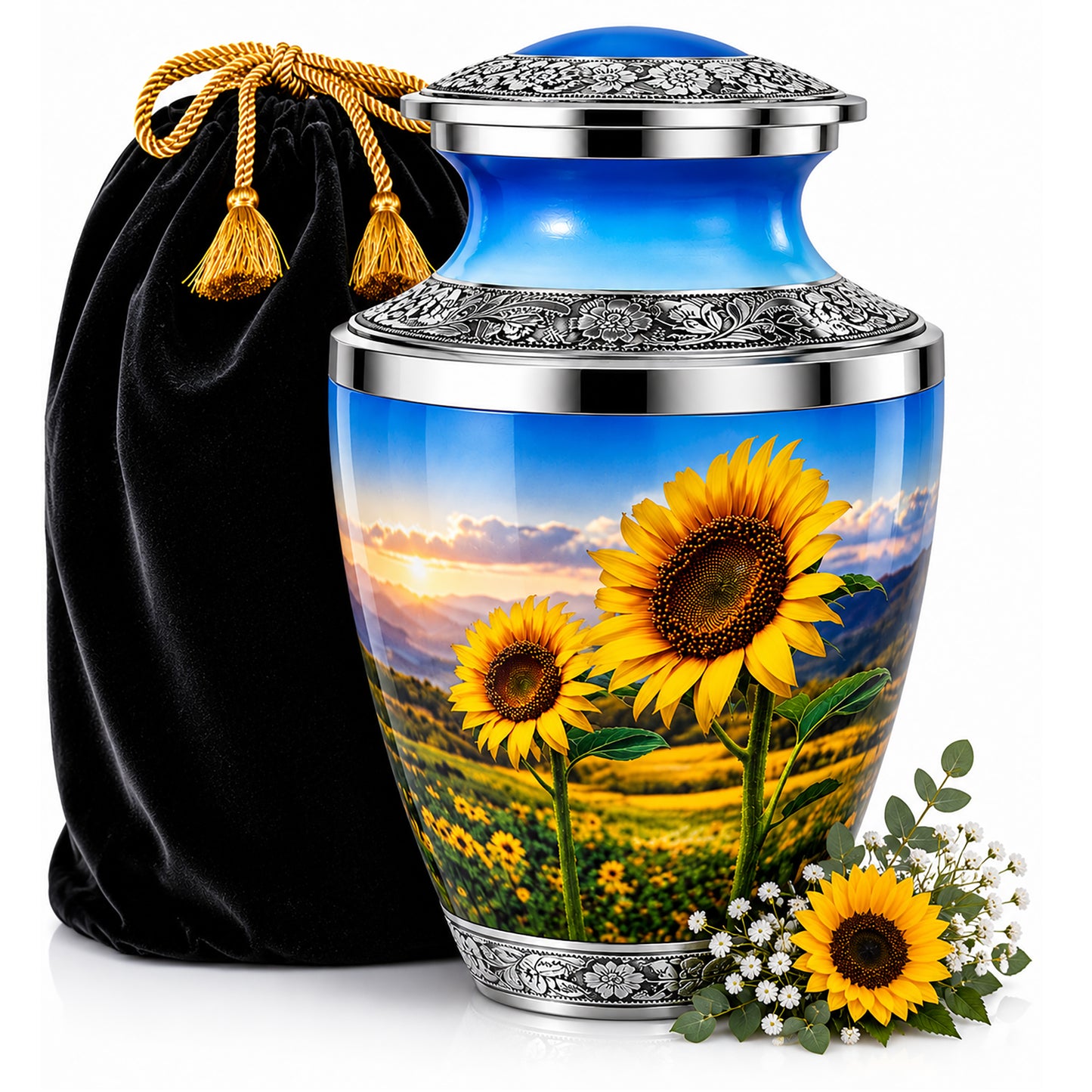 Sunflower Cremation Urn for Human Ashes with black velvet bag — adult memorial urn for men and women