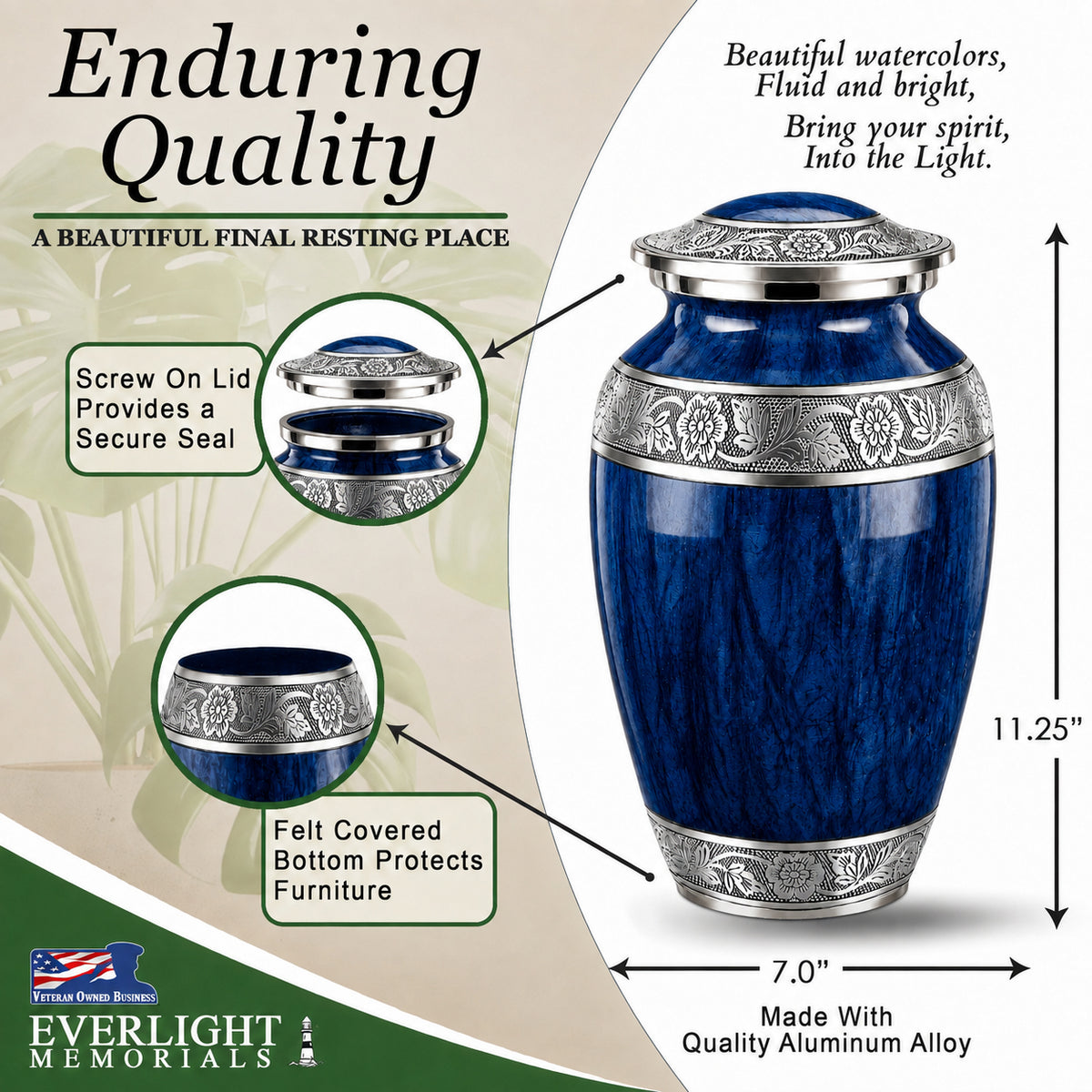 Dark Blue Watercolor Cremation Urn - Enduring Quality Dimensions Infographic