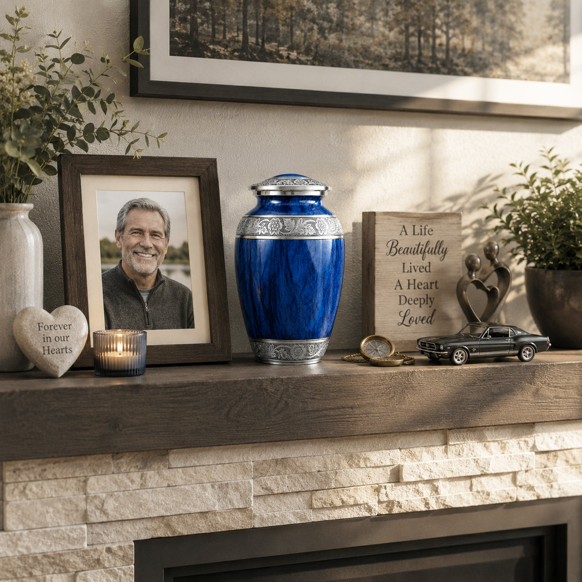 Dark Blue Watercolor Cremation Urn - Couple on Park Bench Lifestyle Photo