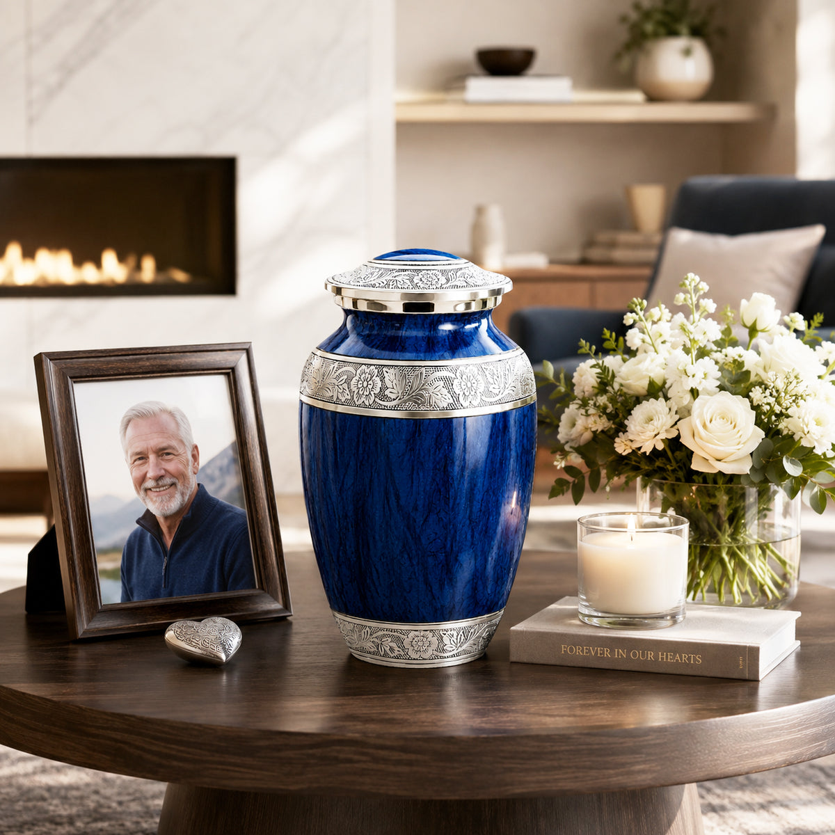 Dark Blue Watercolor Cremation Urn - Memorial Display on Mantel Lifestyle Photo