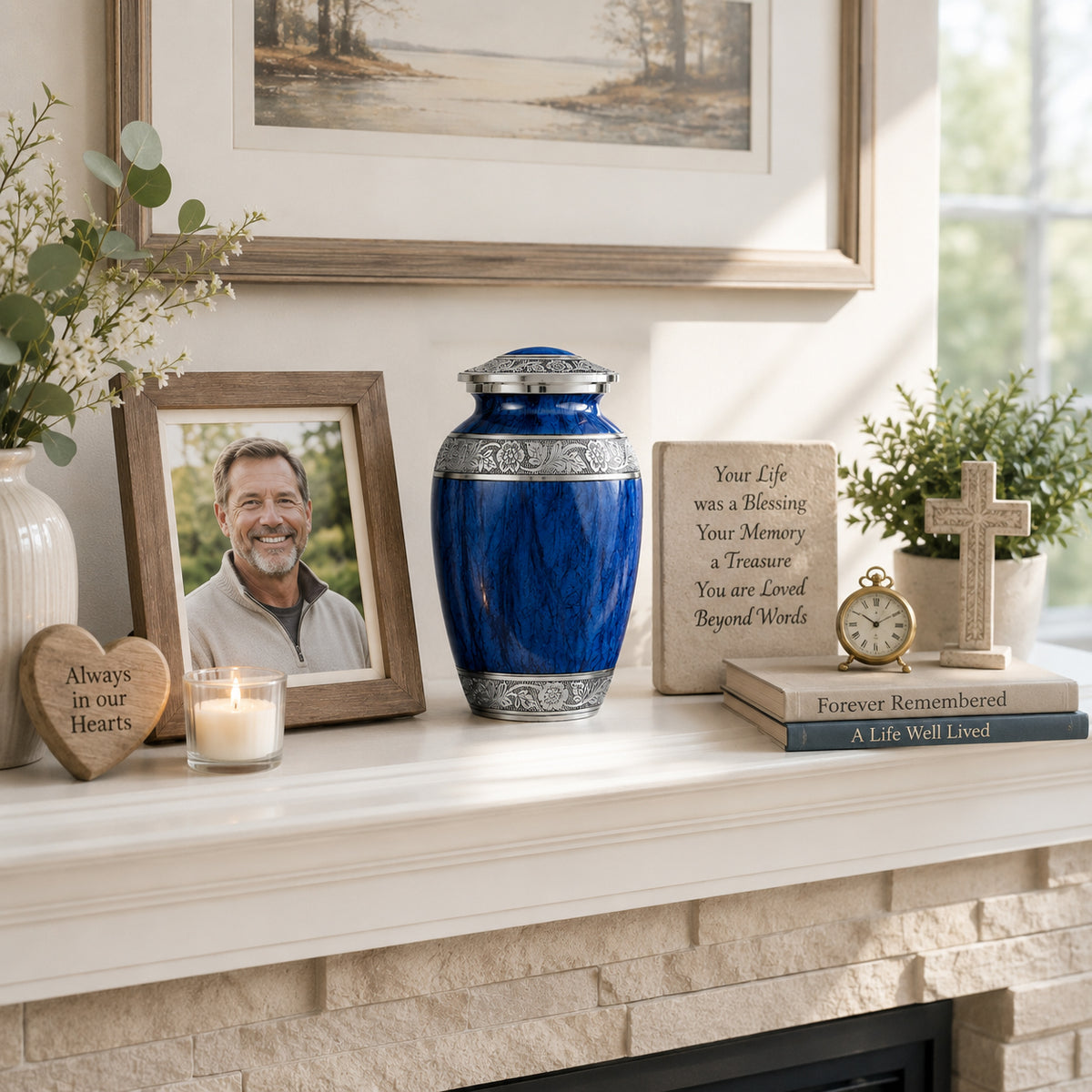Dark Blue Watercolor Cremation Urn with Velvet Bag Lifestyle Photo