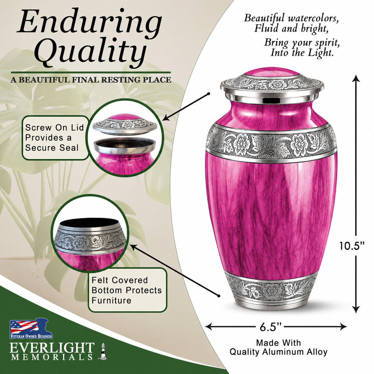 Pink Watercolor Cremation Urn - Enduring Quality Dimensions Infographic