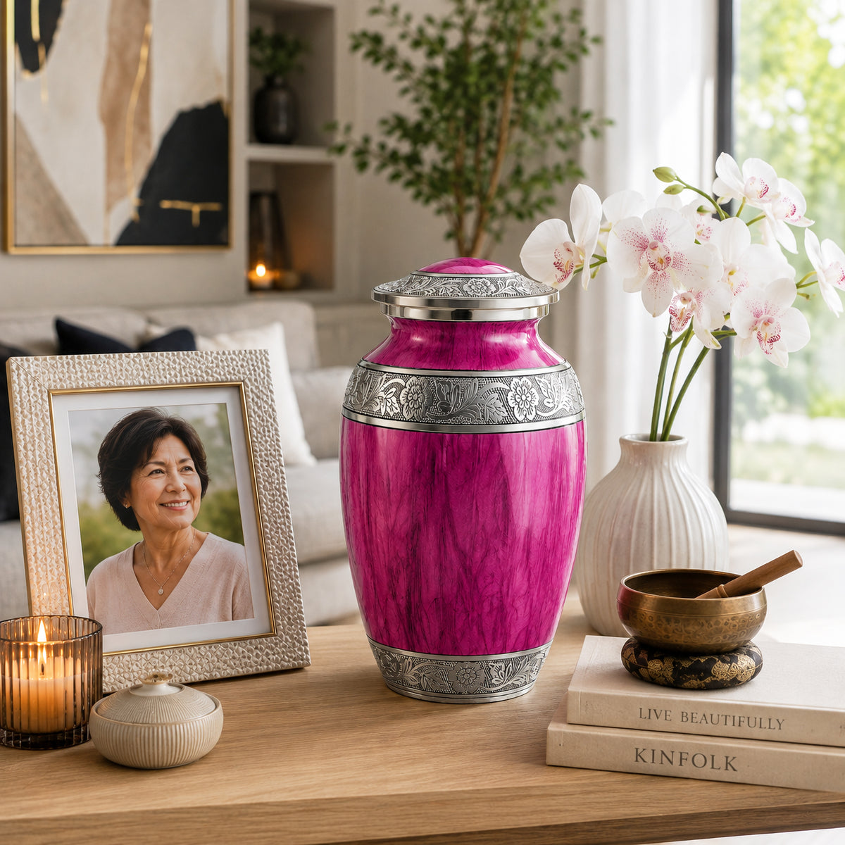 Pink Watercolor Cremation Urn - Couple on Park Bench Lifestyle Photo