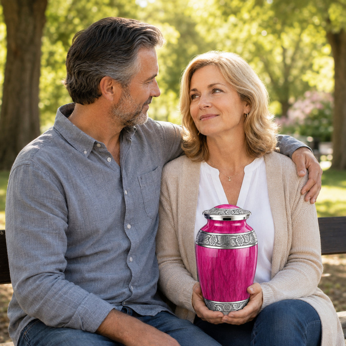 Pink Watercolor Cremation Urn with Velvet Bag Lifestyle Photo