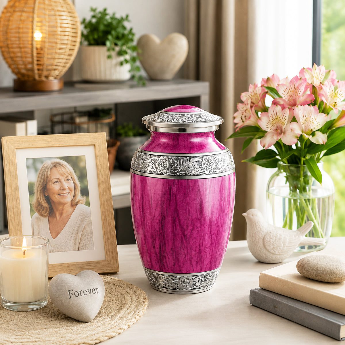 Pink Watercolor Cremation Urn - Memorial Display with Orchids Lifestyle Photo