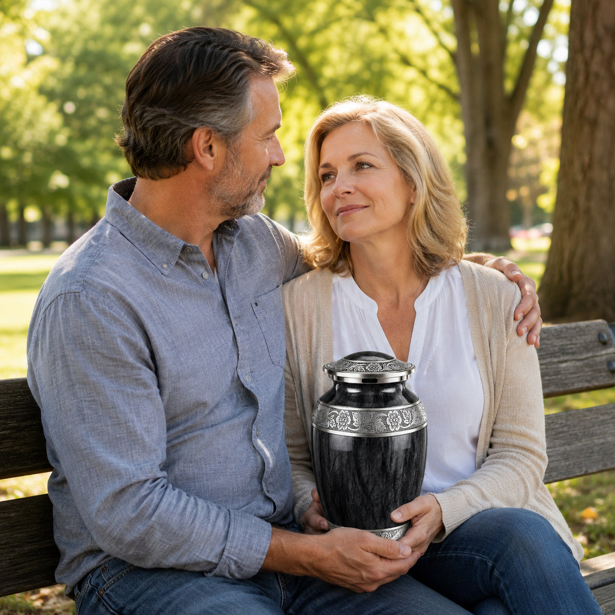 Everlight Memorials black cremation urn infographic showing high quality aluminum alloy construction, handcrafted, holds up to 200 lbs, includes secure screw plug and gift box