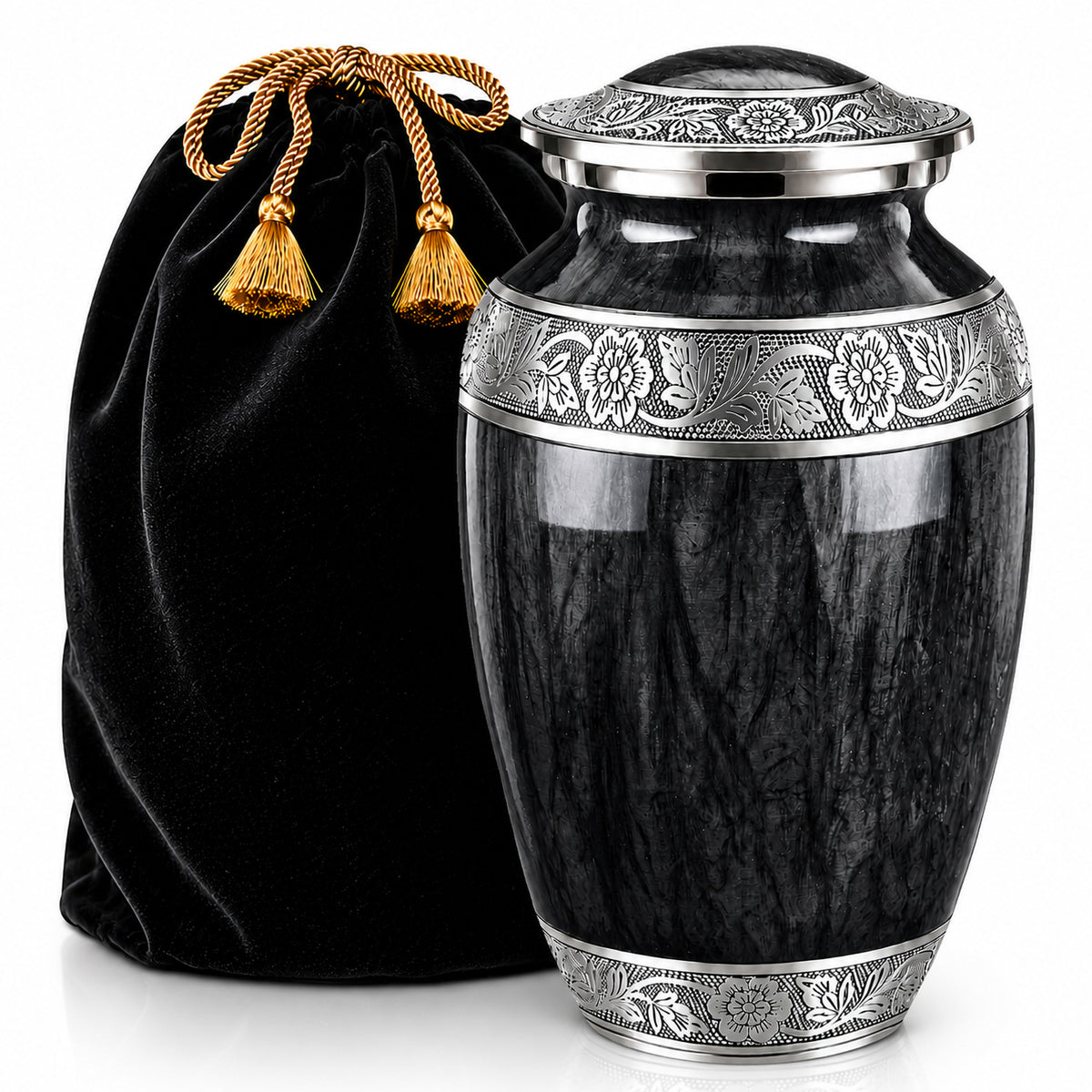 Black watercolor cremation urn for human ashes with silver floral bands and black velvet pouch with gold tassels