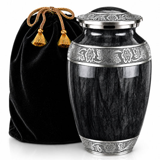 Black watercolor cremation urn for human ashes with silver floral bands and black velvet pouch with gold tassels