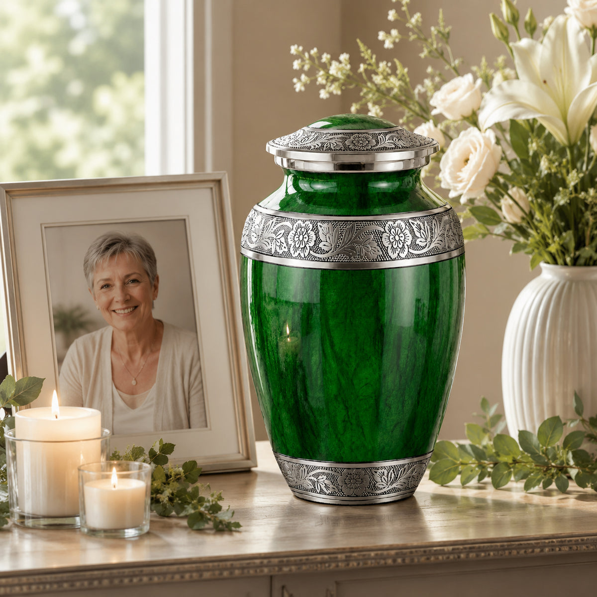 Green Watercolor Cremation Urn - Couple in Park Lifestyle Photo