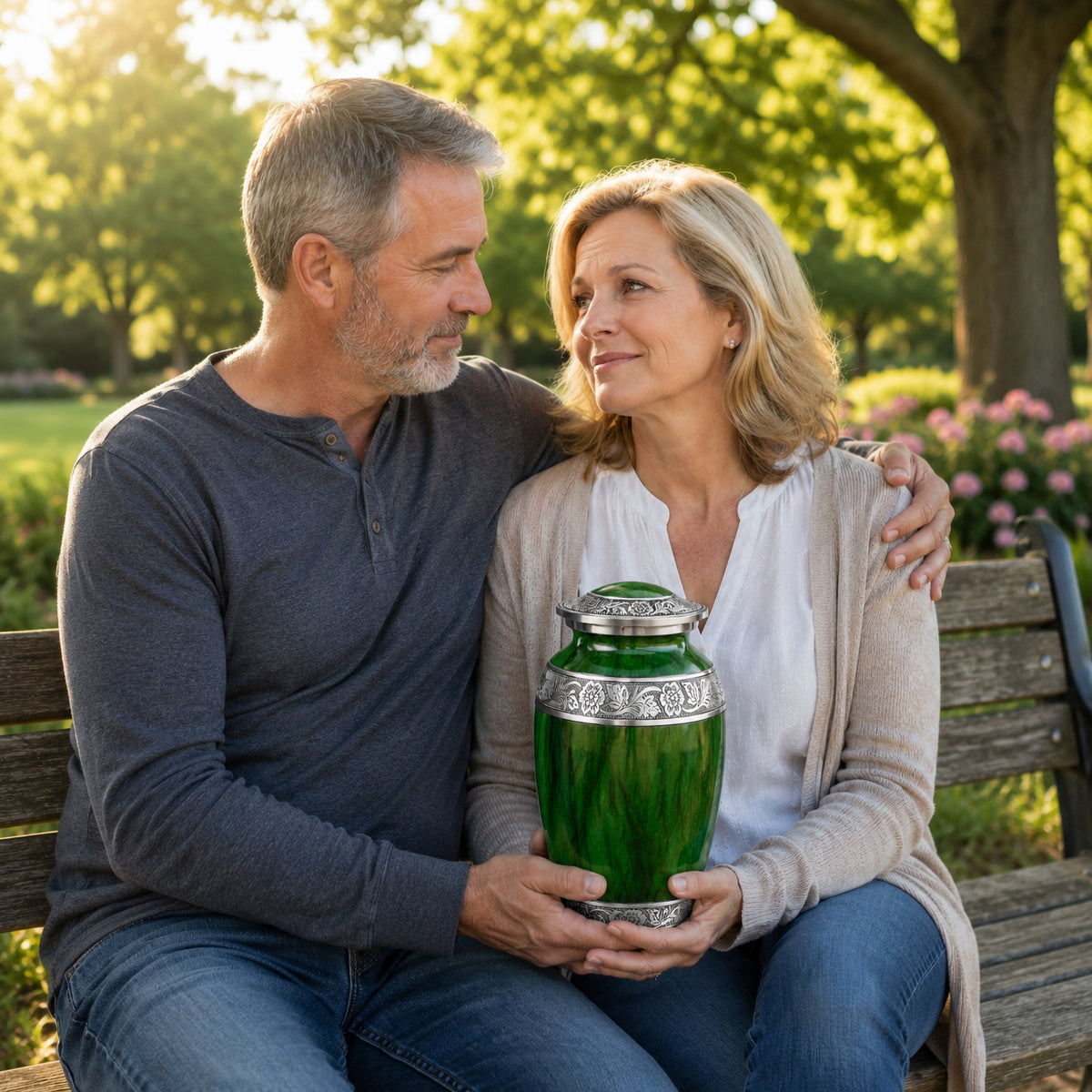 Green Watercolor Cremation Urn - Rustic Home Setting Lifestyle Photo